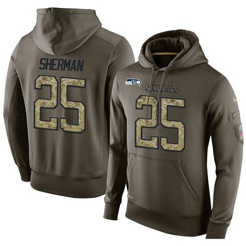 NFL Men's Nike Seattle Seahawks #25 Richard Sherman Stitched Green Olive Salute To Service KO Performance Hoodie